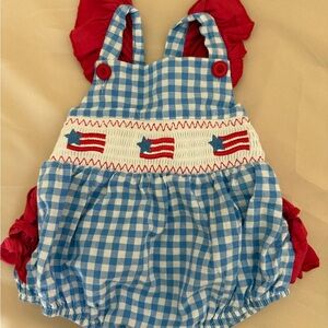 Smocked Blue Gingham Infant Romper with Red Star Stripe Detail